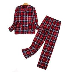 DSKK Schlafanzug Damen lang Baumwolle Winter,Pyjama Freizeitanzug Set mit Knopfleiste Sleepwear Set,Pyjama Zweiteilige Flanell Nachtwäsche (Rot,XS) von DSKK