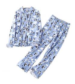 DSKK Schlafanzug Herren Damen Langarm Baumwolle Flanell Winter Pyjama Set Freizeitanzug mit Knopfleiste Unisex Pyjama Zweiteilige Flanell Nachtwäsche (Blau,L) von DSKK