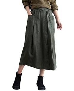 Damen Rocke Leinen Baumwolle Elastische Taille Midi Langer Rock Böhmischer Stil Einfarbiger Röcke (Grün,M,DE/NL/SE/PL,Alphanumerisch,M) von DSKK