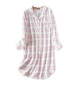 Damen Schlafhemd Kariertes Baumwolle Nachthemd Button Down Sleep Damen Langarm Nachthemd Pyjama Tops Damen Nachthemd (Rosa,L) von DSKK
