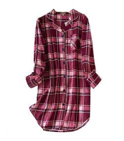 Damen Schlafhemd Kariertes Baumwolle Nachthemd Button Down Sleep Damen Langarm Nachthemd Pyjama Tops Damen Nachthemd (Rot,L) von DSKK