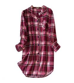 Damen Schlafhemd Kariertes Baumwolle Nachthemd Button Down Sleep Damen Langarm Nachthemd Pyjama Tops Damen Nachthemd (Rot,XXL) von DSKK