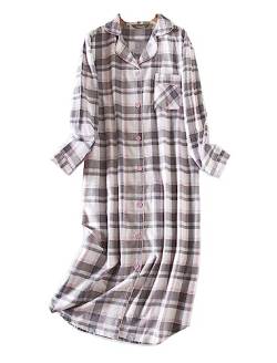 Nachthemd Damen Baumwolle Langarm Flanell Plaid Button Down Nachthemd, Damen Schlafhemd Langarm Nachtwäsche (6#,L) von DSKK