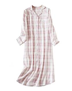 Nachthemd Damen Baumwolle Langarm Flanell Plaid Button Down Nachthemd, Damen Schlafhemd Langarm Nachtwäsche (8#, XL) von DSKK