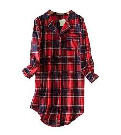 Nachthemd Damen Baumwolle Schlafhemd Kariertes Button Down Damen Langarm Pyjama,Damen Nachthemd Kariertes Hemd (Rot,M) von DSKK