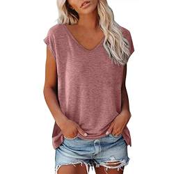 Bluse Damen Elegant T-Shirt Damen Sommer Oberteile Top Frauen Damen V-Ausschnitte Casual Tshirt Damen Baumwolle Oberteile Basic Tshirt Tunika Top Bluse Damen Shirt (Pink, L) von DSQSasahip