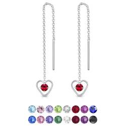 DTPsilver® Durch Ohrringe ziehen 925 Sterling Silber mit Baumelnde Herz und 3 mm runden Swarovski® Elements Kristall - Länge 68 mm - Farbe : Rubin von DTPsilver