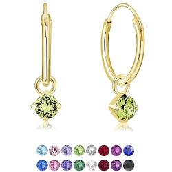 DTPsilver® KLEINE Creolen Ohrringe 925 Sterling Silber Gelb Vergoldet mit 3 mm Baumelnde Swarovski® Elements Kristall - Mädchen - Dicke 1.2 mm - Durchmesser 12 mm - Farbe : Peridot von DTPsilver