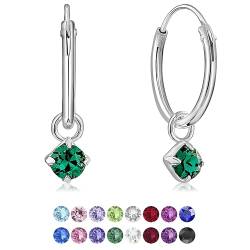 DTPsilver® KLEINE Creolen Ohrringe 925 Sterling Silber mit 3 mm Baumelnde Swarovski® Elements Kristall - Mädchen - Dicke 1.2 mm - Durchmesser 12 mm - Farbe : Smaragd von DTPsilver