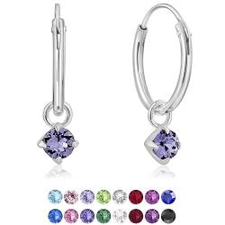 DTPsilver® KLEINE Creolen Ohrringe 925 Sterling Silber mit 3 mm Baumelnde Swarovski® Elements Kristall - Mädchen - Dicke 1.5 mm - Durchmesser 14 mm - Farbe : Tansanit von DTPsilver