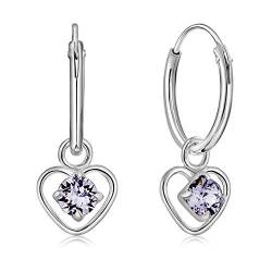 DTPsilver® KLEINE Creolen Ohrringe 925 Sterling Silber mit 3 mm Swarovski® Elements Kristall - Herzform - Mädchen - Dicke 1.2 mm - Durchmesser 12 mm - Farbe : Provence Lavendel von DTPsilver