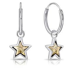 DTPsilver® KLEINE Creolen Ohrringe 925 Sterling Silber mit Baumeln Swarovski® Elements Kristall Stern - Dicke 1.2 mm - Durchmesser 12 mm - Stern Durchmesser: 7 mm - Farbe : Golden Shadow von DTPsilver