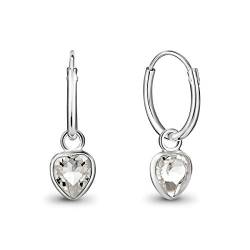 DTPsilver® KLEINE Creolen Ohrringe 925 Sterling Silber mit Swarovski® Elements Kristall Herz - Mädchen - Dicke 1.2 mm - Durchmesser 12 mm - Farbe : Klar von DTPsilver