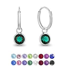 DTPsilver® KLEINE Creolen Ohrringe 925 Sterling Silber mit Swarovski® Elements Kristall Rund - Mädchen - Dicke 1.5 mm - Durchmesser 14 mm - Farbe : Smaragd von DTPsilver