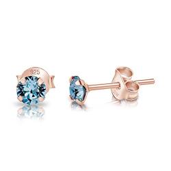 DTPsilver - Winzige Ohrringe 925 Sterling Silber Rosèvergoldet mit Kristallen von Swarovski® Elements Runde Sehr kleine Ohrstecker - Durchmesser 4 mm - Farbe : Aquamarin von DTPsilver