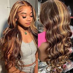 13X4 Lace Front Wigs Human Hair P4/27 Highlight Honey Blonde Lace Front Wig Pre Plucked With Baby Hair 200% Density Body Wave Colored Glueless Wigs For Women 20 Zoll(50cm) von DUAUJUIU