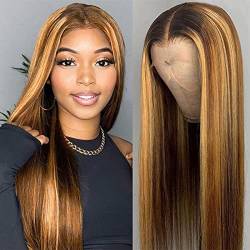 DUAUJUIU Lace Closure Wig Blond #4/27 Human Hair Wig 4x4 Lace Front Wig Middle Part Pre Plucked with Natural Hairline Wig for Black Women 22 Inch von DUAUJUIU