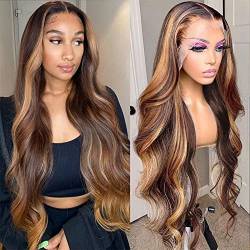 Highlight Lace Front Wig Human Hair Ombre 13X4 P4/27 Colored Honey Blonde Lace Front Wigs For Women Body Wave 200% Real Human Hair Wigs Glueless Wigs Pre Plucked With Baby Hair 18 Zoll (45CM) von DUAUJUIU
