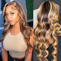 Lace Front Wig Highlight Human Hair Ombre 13X4 Transparent Colored Honey Blonde P4/27 Lace Front Wig For Women Body Wave 200% Human Hair Wig Glueless Pre Plucked With Baby Hair 26 Zoll (65CM) von DUAUJUIU