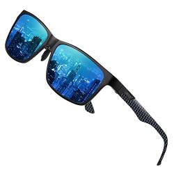 DUCO Herren Polarisierte Sonnenbrille mit Rechteckig Metallrahmen und Kohlefaser Brille Beine UV400 CAT 3 8206 (Schwarz Blau Temple Revo Blue Linse) von DUCO