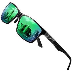 DUCO Herren Polarisierte Sonnenbrille mit Rechteckig Metallrahmen und Kohlefaser Brille Beine UV400 CAT 3 8206 (Schwarze Temple Revo Green Linse) von DUCO