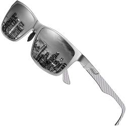 DUCO Herren Polarisierte Sonnenbrille mit Rechteckig Metallrahmen und Kohlefaser Brille Beine UV400 CAT 3 8206 (Silber Rahmen, Grau Linse) von DUCO