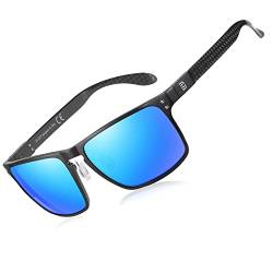 DUCO Herren Polarisierte Sonnenbrille mit Rechteckig Metallrahmen und Kohlefaser Brille Beine UV400 DC8208 (Schwarz Rahmen Revo Blue Linses) von DUCO