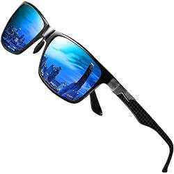 DUCO Herren Polarisierte Sonnenbrille mit Rechteckig Metallrahmen und Kohlefaser Brillenbügel UV400 CAT 3 8206 (Schwarz Rahmen Blau Linse) von DUCO