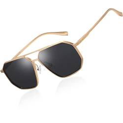 DUCO Klassische Quadratische Sonnenbrille für Herren Damen Retro Polarisierte Sonnenbrille Übergroßer Vintage Metallrahmen Trendige Farbtöne DC3032 (Gold Grau) von DUCO