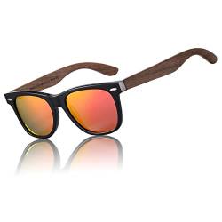 DUCO Polarisierte Sonnenbrille Herren Damen Sonnenbrille polarisiert mit UV-Schutz Walnuss Sonnenbrille mit Holzrahmen Umweltfreundliche Designerbrille DC2141 (Schwarz Rahmen Revo Rot) von DUCO