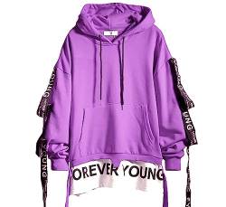 DUDHUH Herren-Kapuzenpullover, modisch, mit Buchstaben-Druck, Trainingsanzug, Techwear, lässiger Mantel, Hip-Hop-Sweatshirt, violett, Large von DUDHUH