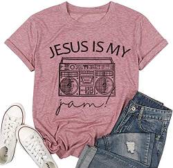 Damen-T-Shirt mit Aufdruck „Jesus is my jam“, lustiger Vintage-Kamera-Druck, christlicher Glauben, kurzärmelig, grafisches T-Shirt - Pink - Klein von DUDUVIE