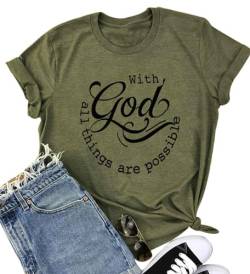 Damen-T-Shirts mit Aufschrift „With God All Things are Possible“, christlicher Sommer, Jesus, Grafik-T-Shirt - Grün - Klein von DUDUVIE