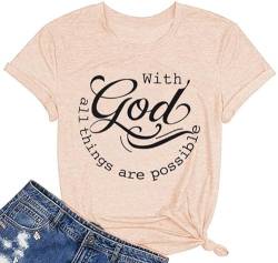 Damen-T-Shirts mit Gott All Things are Possible T-Shirt Faith Sprüche Christian Sommer Jesus Grafik Tee Top Casual, aprikose, Klein von DUDUVIE