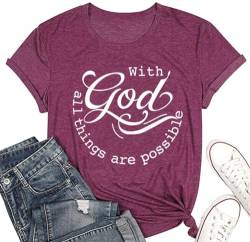 Frauen Tshirts with God All Things Are Possible T Shirt Faith Sprüche Christian Summer Jesus Graphic Tee Top Casual - Rot - Groß von DUDUVIE
