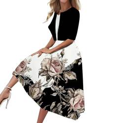 DUJEFF Kleider Damen,Abendkleid Damen Kurzarm Knielang Kleid V Ausschnitt Cocktailkleid Große Größen Blumenkleid Blumen Drucken Midikleid Spitzen Spleißkleid Sommer Casual Partykleid von DUJEFF