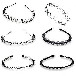 haarreifen männer - 6 Stück Unisex Metall Haarband, Schwarz Spring Wave Haarband, Rutschfestes Elastisches Stirnband, Haarbänder Haarreifen Haarschmuck Stirnband Zubehör für Outdoor Sports Yoga von DULSPUE