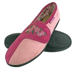 Dunlop - Damen Memory Foam Frottee Hausschuhe Klettverschluss mit Blumen für Senioren (37 EU, Dusky Pink) von DUNLOP