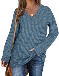 DUOEASE Pullover Damen Lang Frühling Basic Sweater Langarm V-Ausschnitt Oberteiles(Blau,L) von DUOEASE