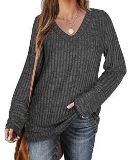 DUOEASE Pullover Damen Lang Frühling Basic Sweater Langarm V-Ausschnitt Oberteiles(Grau,XL) von DUOEASE
