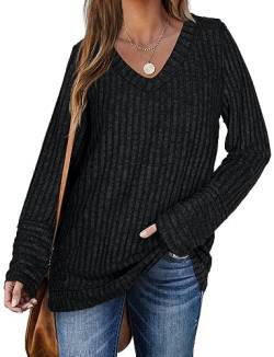 DUOEASE Pullover Damen Lang Frühling Basic Sweater Langarm V-Ausschnitt Oberteiles(Schwarz,M) von DUOEASE
