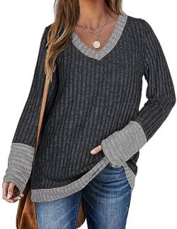 DUOEASE Pullover Damen Lang Frühling Basic Sweater Langarm V-Ausschnitt Oberteiles(Spleißen-Grau,XL) von DUOEASE