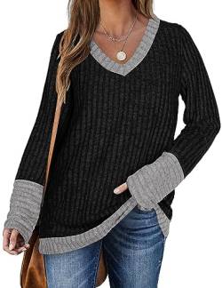 DUOEASE Pullover Damen Lang Frühling Basic Sweater Langarm V-Ausschnitt Oberteiles(Spleißen-Schwarz,M) von DUOEASE
