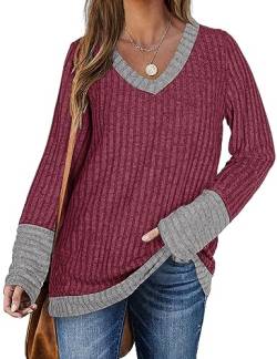 DUOEASE Pullover Damen Lang Frühling Basic Sweater Langarm V-Ausschnitt Oberteiles(Spleißen-Weinrot,S) von DUOEASE