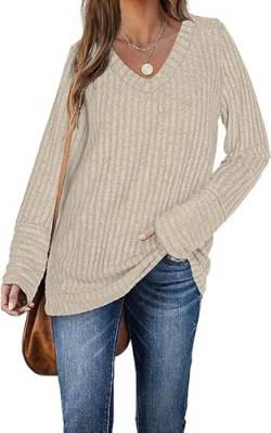 DUOEASE Pullover Damen Lang Winter Basic Sweater Langarm V-Ausschnitt Oberteiles(Apricot,M) von DUOEASE