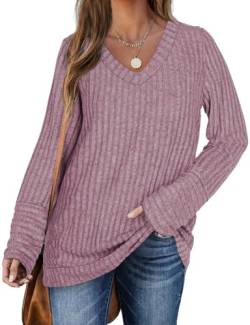 DUOEASE Pullover Damen Lang Winter Basic Sweater Langarm V-Ausschnitt Oberteiles(Rosa,M) von DUOEASE