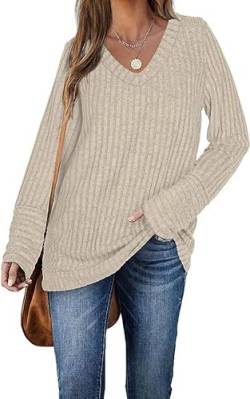 DUOEASE Pullover für Damen Herbst Langarm V-Ausschnitt Loose Herbst Sweatshirt(Apricot,XXL) von DUOEASE