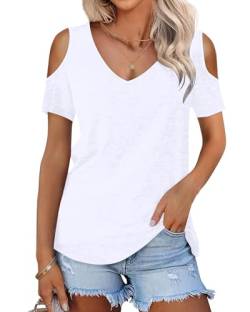 DUOEASE Tops für Damen Sommer Cold Shoulder Shirt Kurzarm Tops V-Ausschnitt für Damen(Weiß,XXL) von DUOEASE