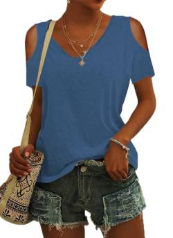 DUOEASE Tshirt Damen Sommer V Ausschnitt Oberteile Kurzarm Große Größen Tunika(Blau,3XL) von DUOEASE