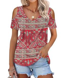 DUOEASE Tshirt Damen Sommer V Ausschnitt Oberteile Kurzarm Tunika(Boho Rot,XL) von DUOEASE